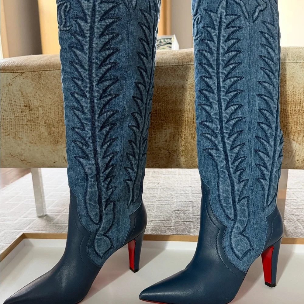 Christian Louboutin Blue and Red Heeled Boots - Picture 1 of 2
